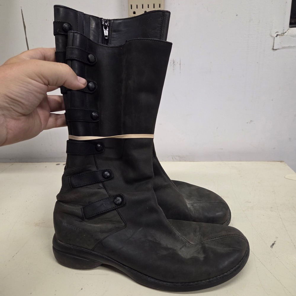 Merrell Black Leather Mid Calf Boots 8 Button Strap Zip J56042 Moto Utility